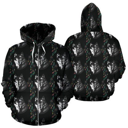 Wolf Black Dream Catcher Design Print Zip Up Hoodie