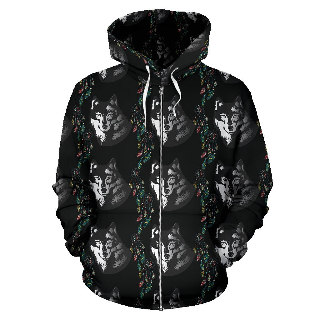 Wolf Black Dream Catcher Design Print Zip Up Hoodie