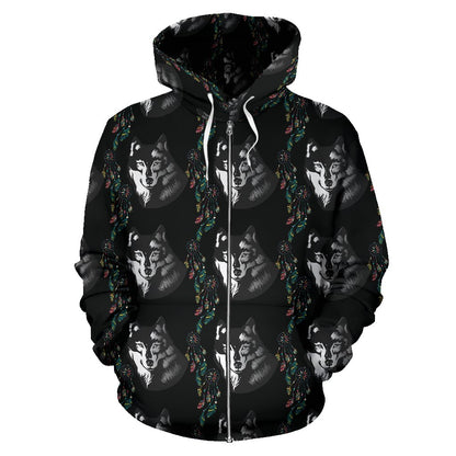 Wolf Black Dream Catcher Design Print Zip Up Hoodie