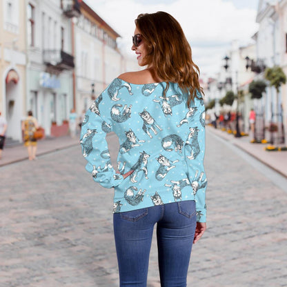Wolf Design Print Pattern Off Shoulder Sweatshirt