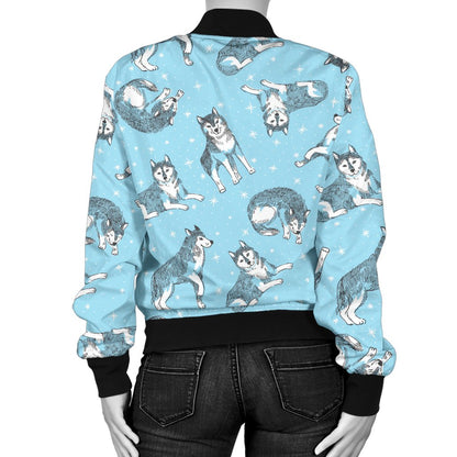 Wolf Design Print Pattern Women Casual Bomber Jacket