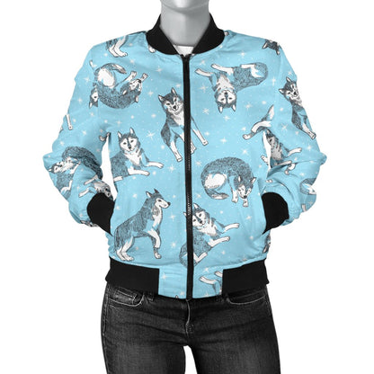 Wolf Design Print Pattern Women Casual Bomber Jacket