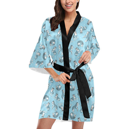 Wolf Design Print Pattern Women Short Kimono Robe