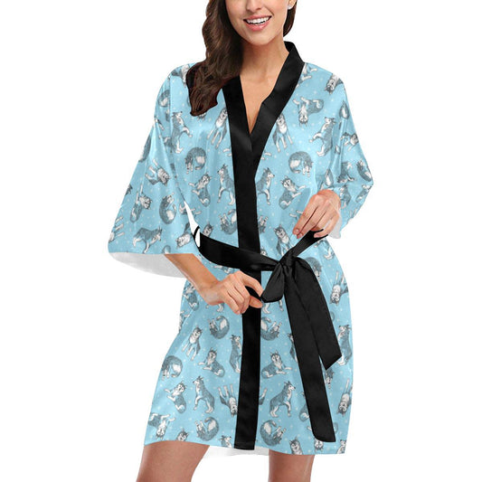 Wolf Design Print Pattern Women Short Kimono Robe
