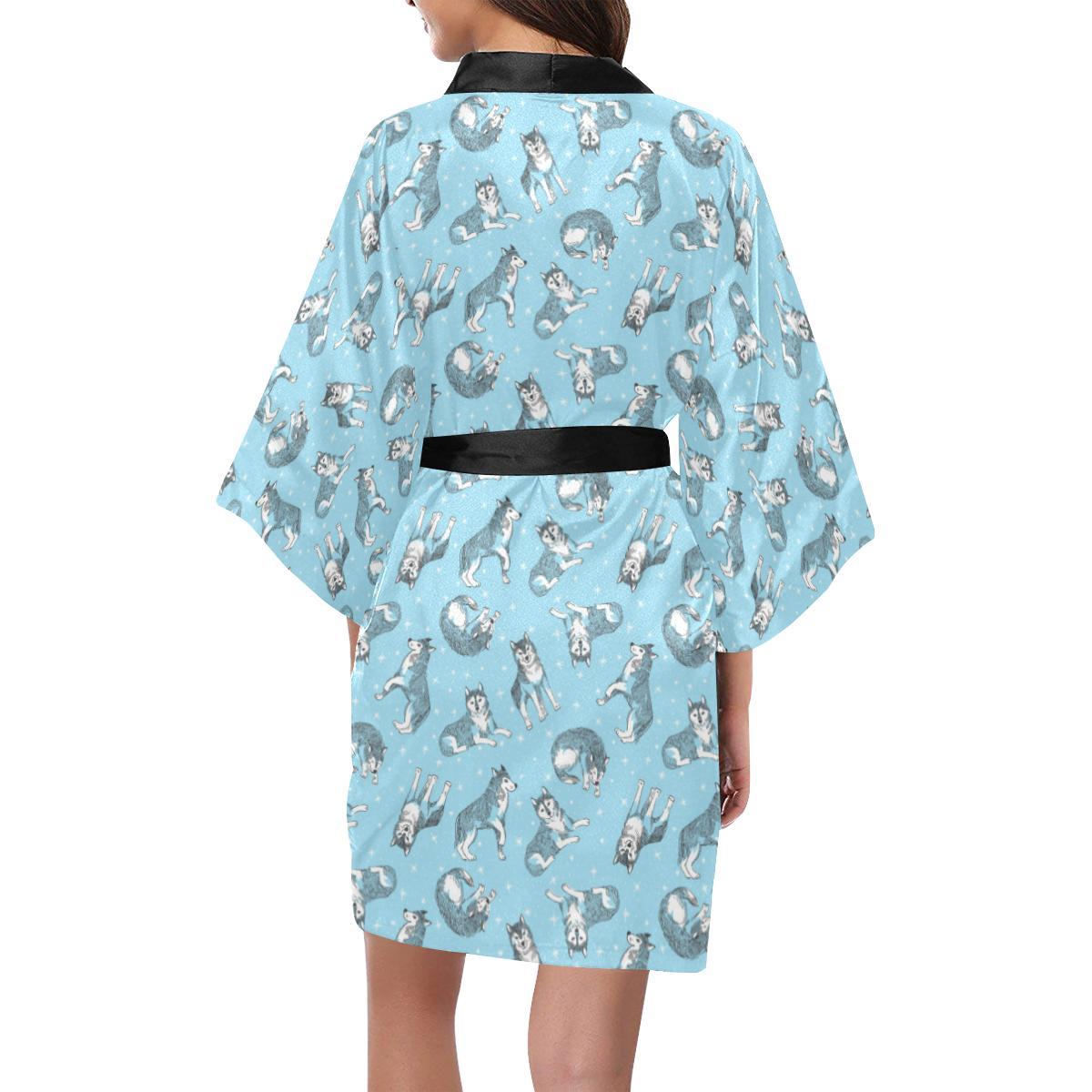 Wolf Design Print Pattern Women Short Kimono Robe