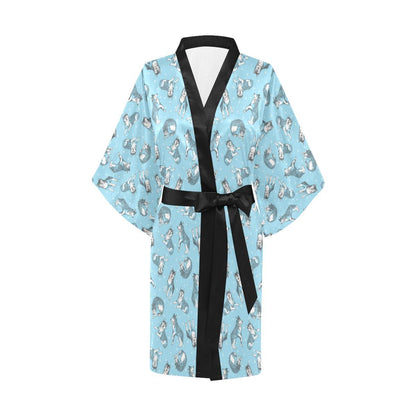 Wolf Design Print Pattern Women Short Kimono Robe