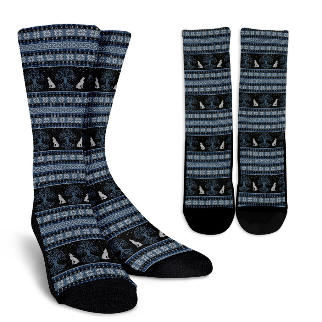Wolf Tree of Life Knit Design Print Crew Socks