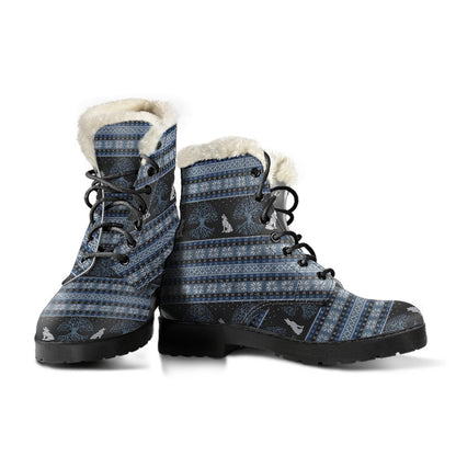 Wolf Tree of Life Knit Design Print Faux Fur Leather Boots-JTAMIGO.COM