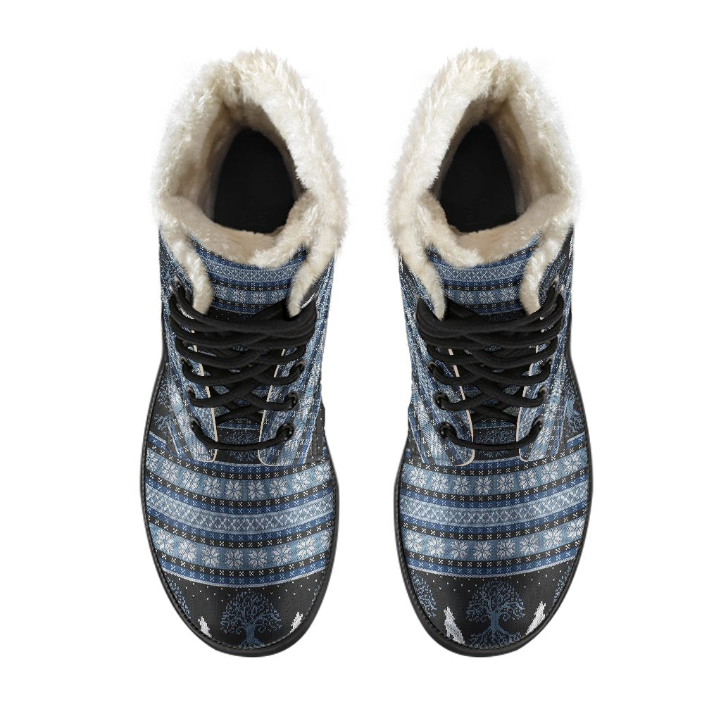 Wolf Tree of Life Knit Design Print Faux Fur Leather Boots-JTAMIGO.COM