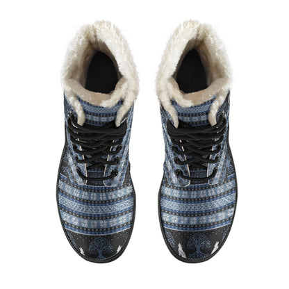 Wolf Tree of Life Knit Design Print Faux Fur Leather Boots-JTAMIGO.COM