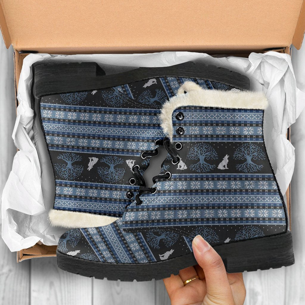 Wolf Tree of Life Knit Design Print Faux Fur Leather Boots-JTAMIGO.COM