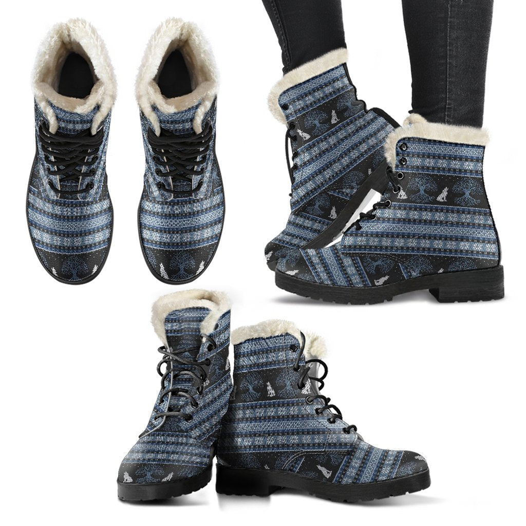 Wolf Tree of Life Knit Design Print Faux Fur Leather Boots-JTAMIGO.COM
