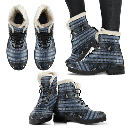 Wolf Tree of Life Knit Design Print Faux Fur Leather Boots-JTAMIGO.COM