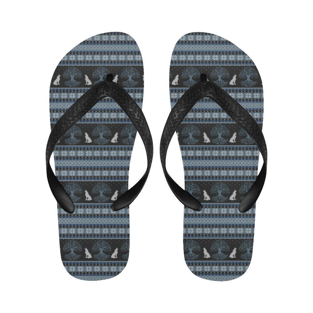 Wolf Tree of Life Knit Design Print Flip Flops-JTAMIGO.COM