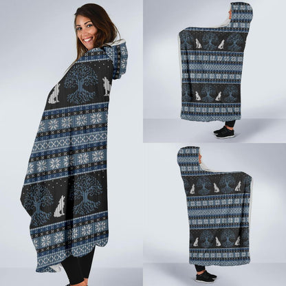 Wolf Tree of Life Knit Design Print Hooded Blanket-JTAMIGO.COM