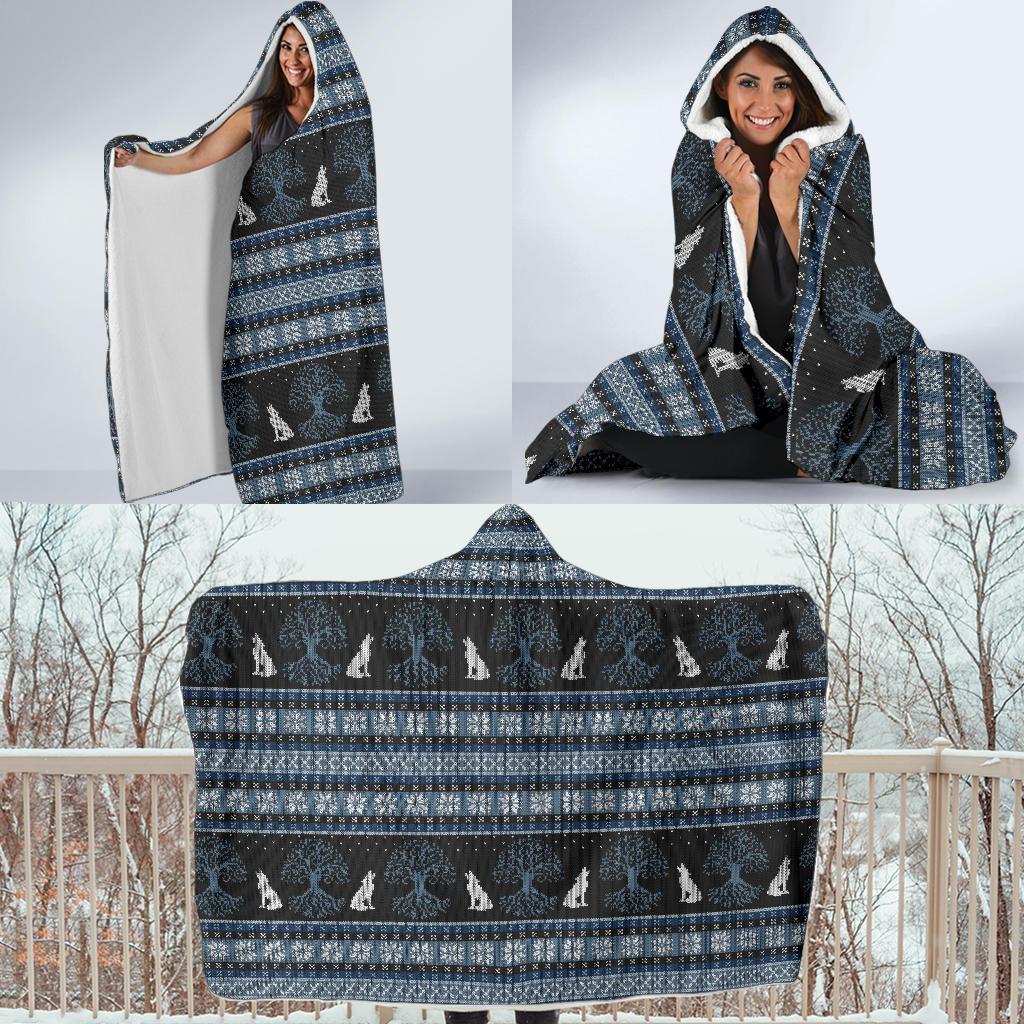 Wolf Tree of Life Knit Design Print Hooded Blanket-JTAMIGO.COM