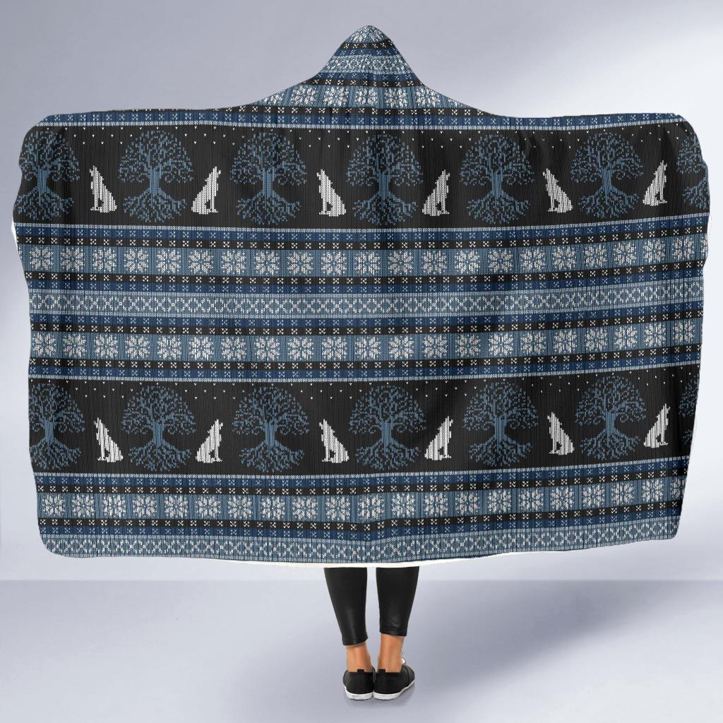Wolf Tree of Life Knit Design Print Hooded Blanket-JTAMIGO.COM