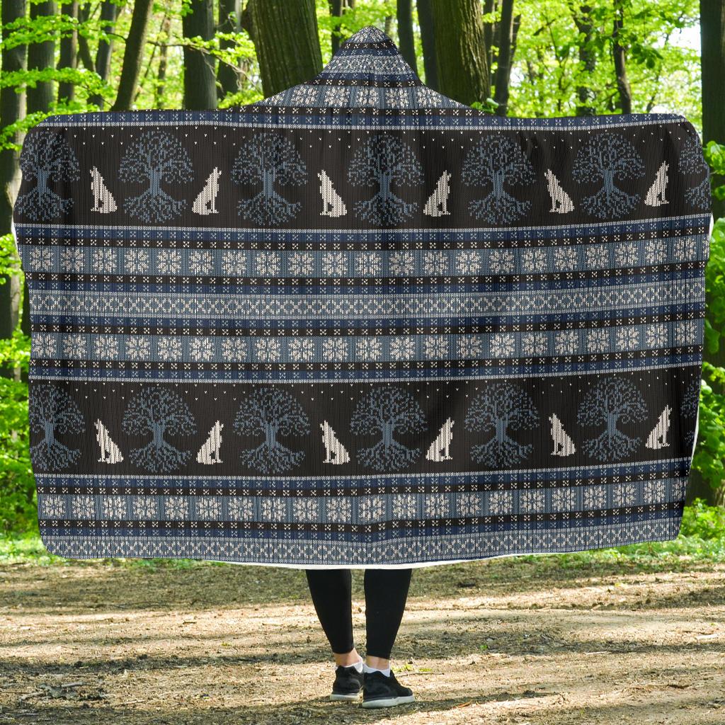 Wolf Tree of Life Knit Design Print Hooded Blanket-JTAMIGO.COM