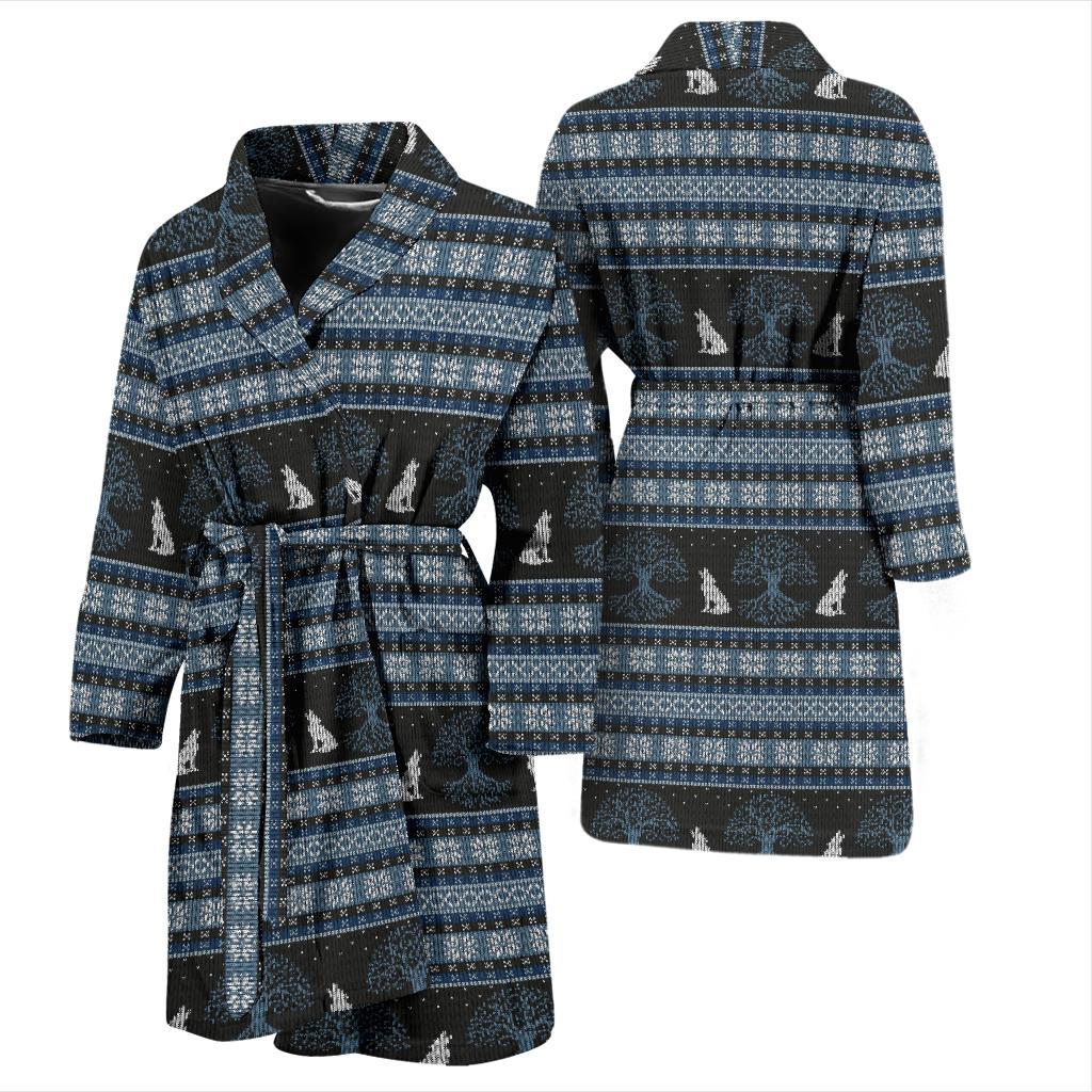 Wolf Tree of Life Knit Design Print Men Bath Robe-JTAMIGO.COM