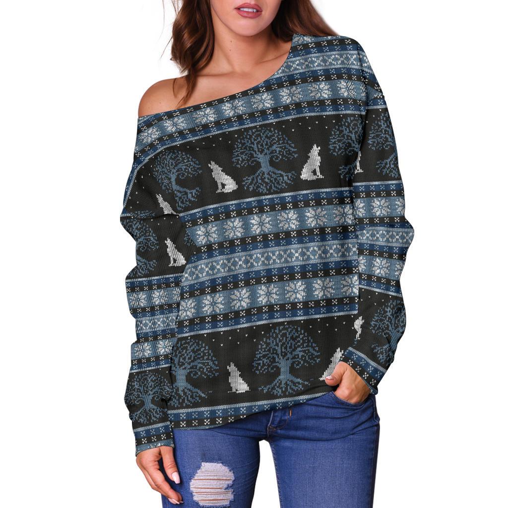 Wolf Tree of Life Knit Design Print Off Shoulder Sweatshirt