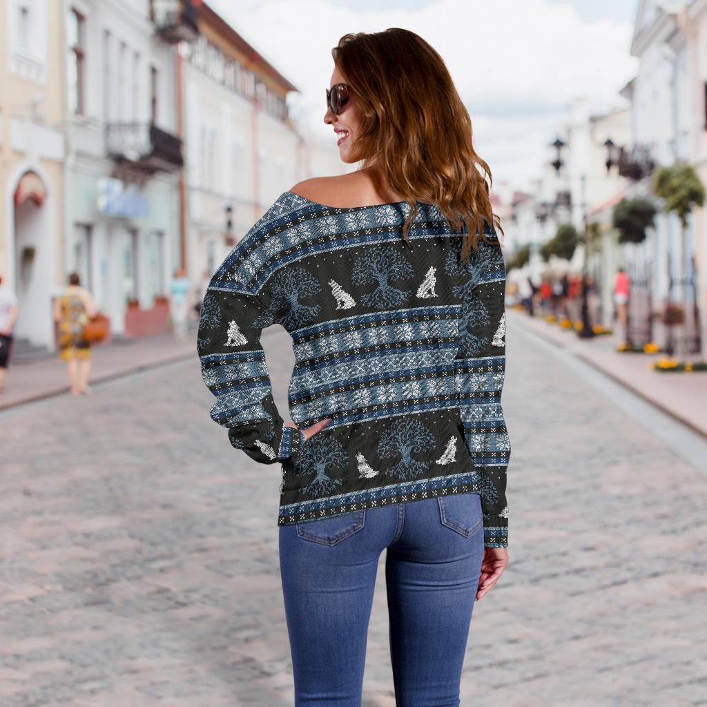 Wolf Tree of Life Knit Design Print Off Shoulder Sweatshirt