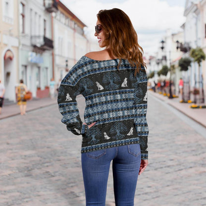 Wolf Tree of Life Knit Design Print Off Shoulder Sweatshirt