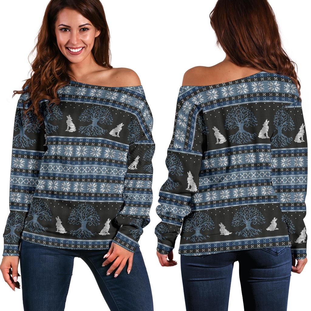 Wolf Tree of Life Knit Design Print Off Shoulder Sweatshirt