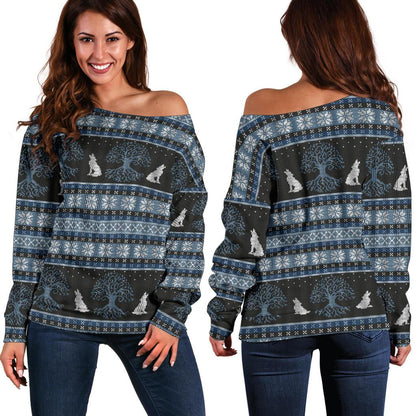 Wolf Tree of Life Knit Design Print Off Shoulder Sweatshirt