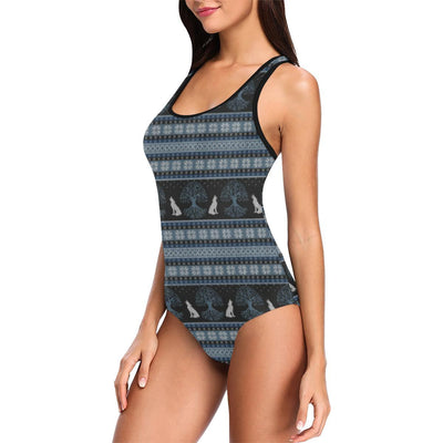 Wolf Tree of Life Knit Design Print One Piece Swimsuit-JTAMIGO.COM