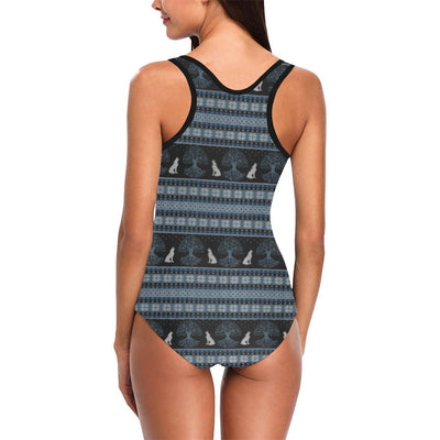 Wolf Tree of Life Knit Design Print One Piece Swimsuit-JTAMIGO.COM