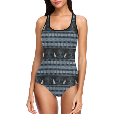 Wolf Tree of Life Knit Design Print One Piece Swimsuit-JTAMIGO.COM