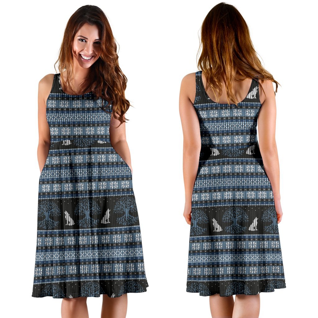 Wolf Tree of Life Knit Design Print Sleeveless Dress
