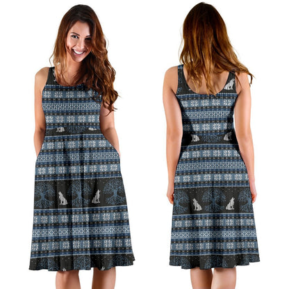 Wolf Tree of Life Knit Design Print Sleeveless Dress