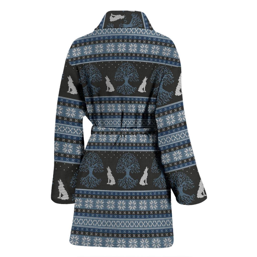 Wolf Tree of Life Knit Design Print Women Bath Robe-JTAMIGO.COM