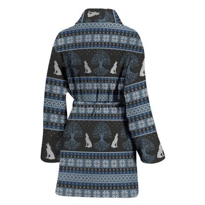 Wolf Tree of Life Knit Design Print Women Bath Robe-JTAMIGO.COM