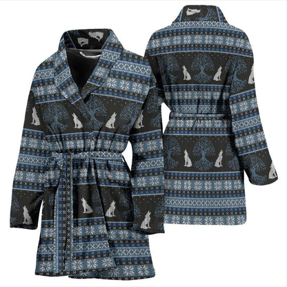 Wolf Tree of Life Knit Design Print Women Bath Robe-JTAMIGO.COM