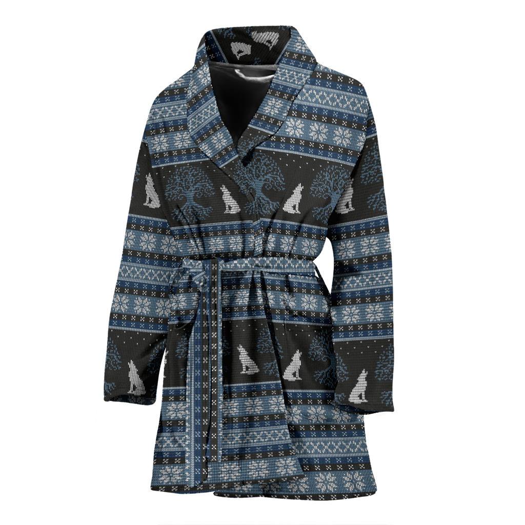 Wolf Tree of Life Knit Design Print Women Bath Robe-JTAMIGO.COM