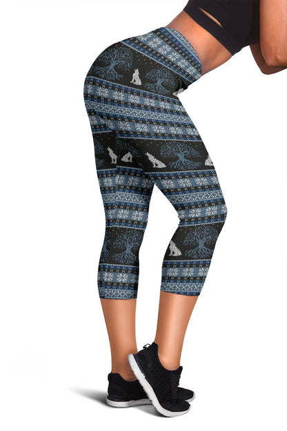 Wolf Tree of Life Knit Design Print Women Capris