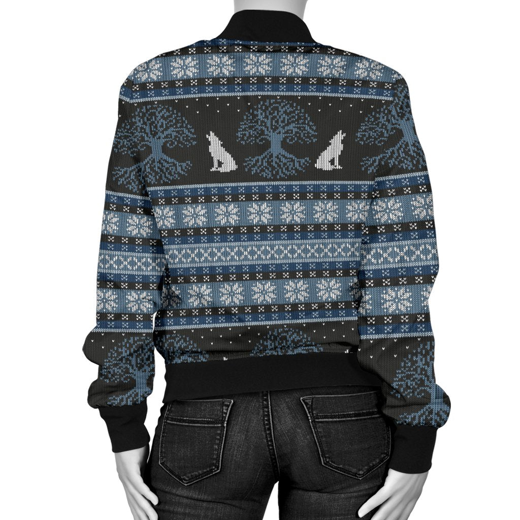 Wolf Tree of Life Knit Design Print Women Casual Bomber Jacket