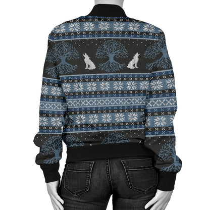 Wolf Tree of Life Knit Design Print Women Casual Bomber Jacket