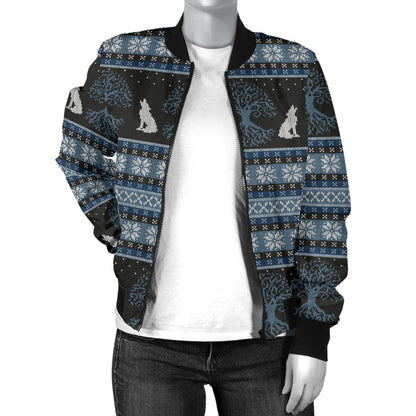 Wolf Tree of Life Knit Design Print Women Casual Bomber Jacket