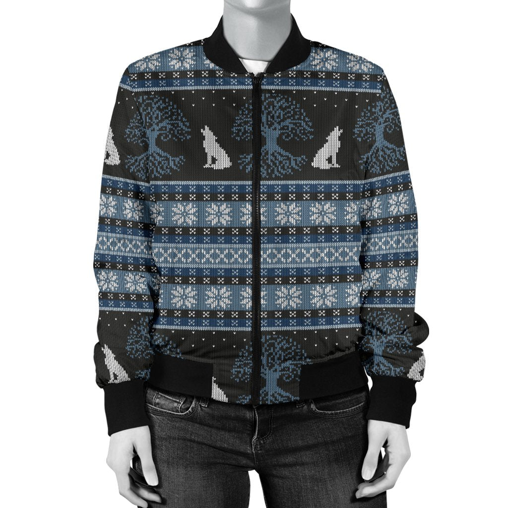 Wolf Tree of Life Knit Design Print Women Casual Bomber Jacket
