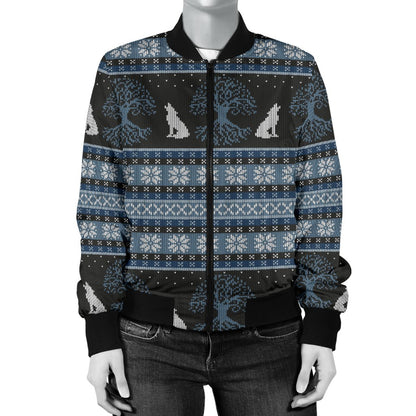 Wolf Tree of Life Knit Design Print Women Casual Bomber Jacket