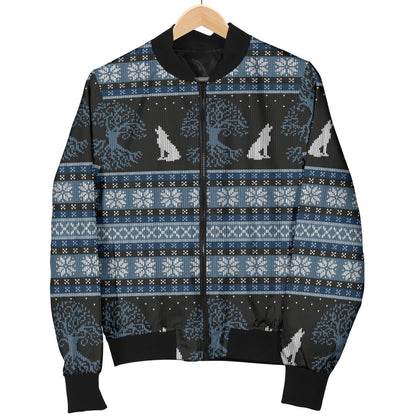 Wolf Tree of Life Knit Design Print Women Casual Bomber Jacket
