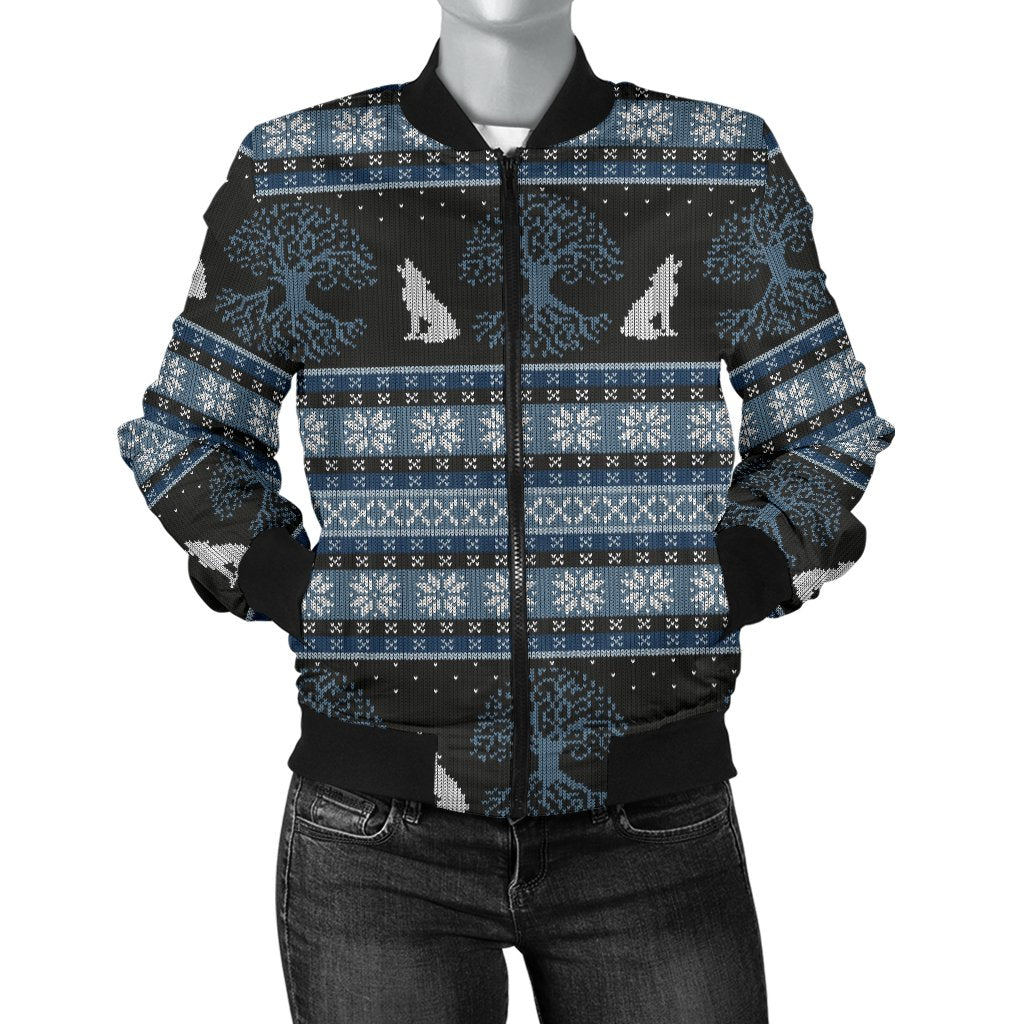 Wolf Tree of Life Knit Design Print Women Casual Bomber Jacket