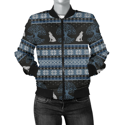 Wolf Tree of Life Knit Design Print Women Casual Bomber Jacket