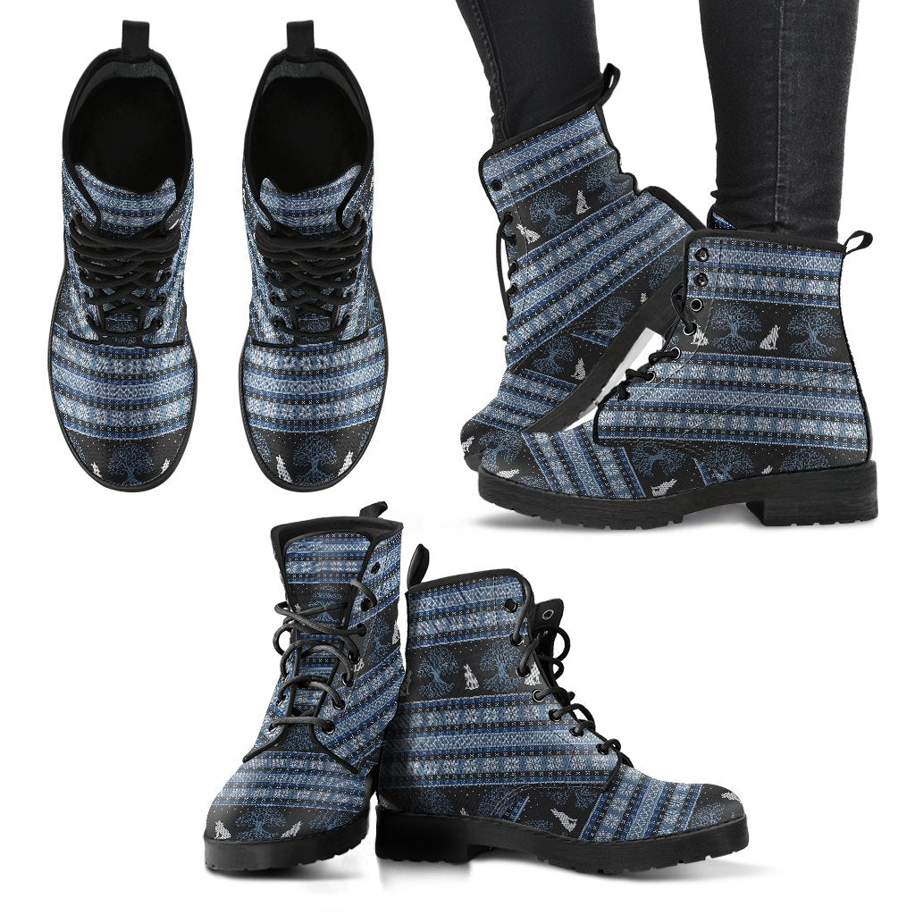 Wolf Tree of Life Knit Design Print Women Leather Boots-JTAMIGO.COM