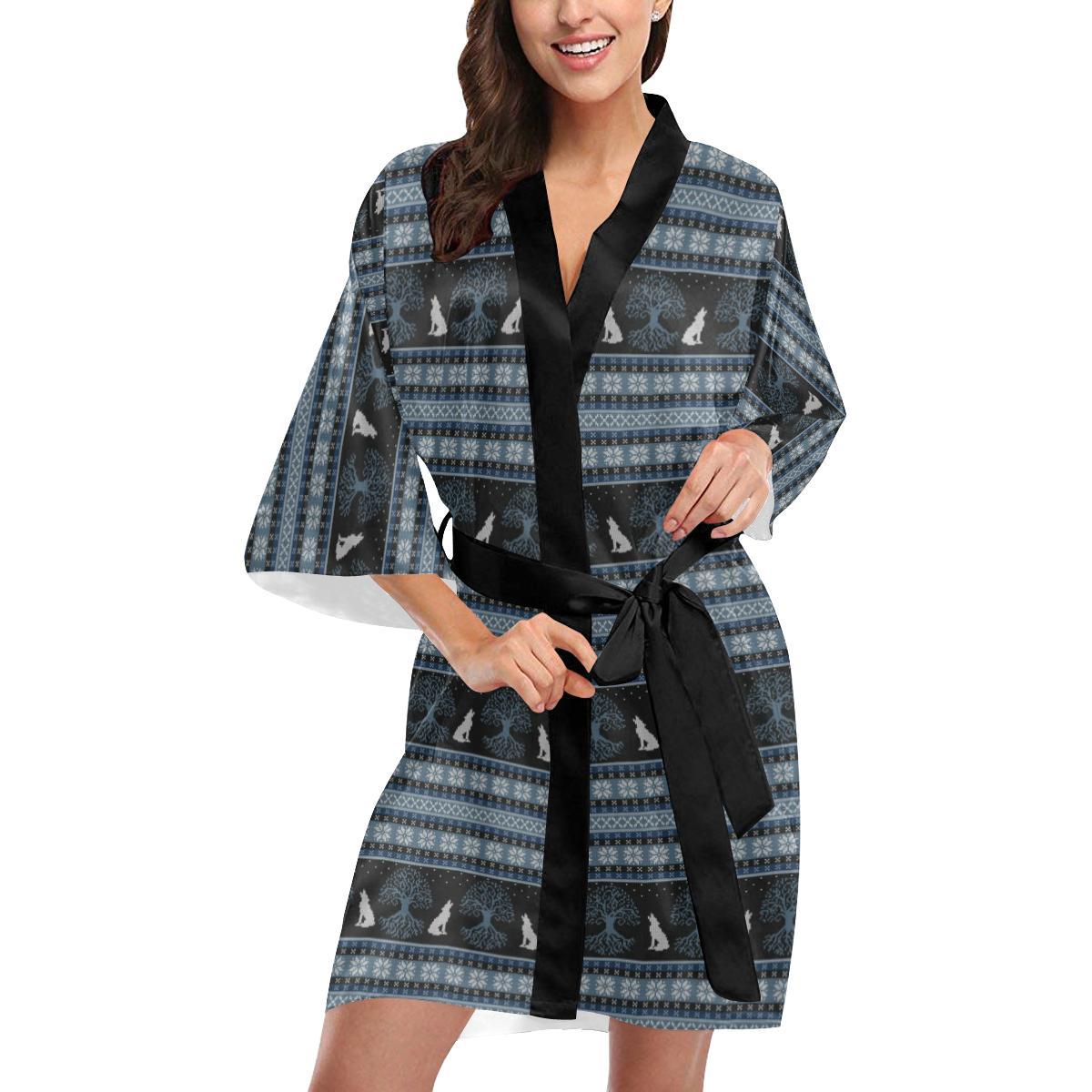Wolf Tree of Life Knit Design Print Women Short Kimono Robe