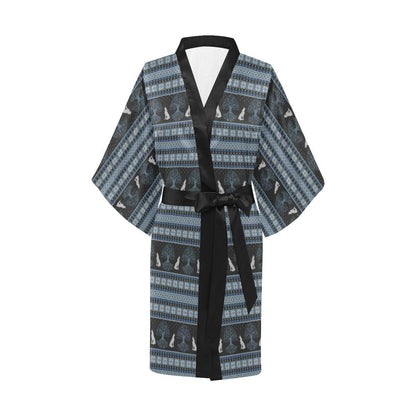 Wolf Tree of Life Knit Design Print Women Short Kimono Robe