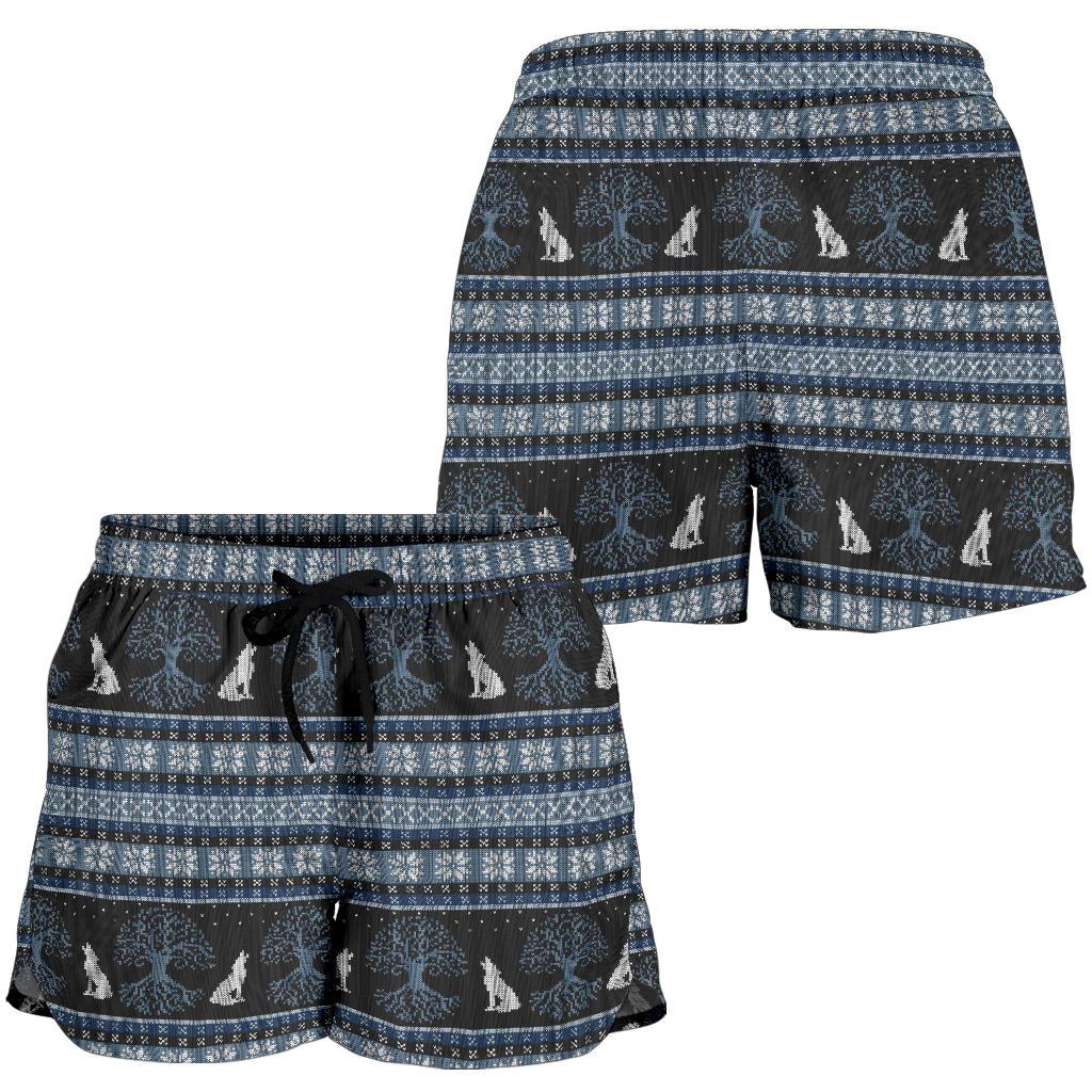 Wolf Tree of Life Knit Design Print Women Shorts-JTAMIGO.COM